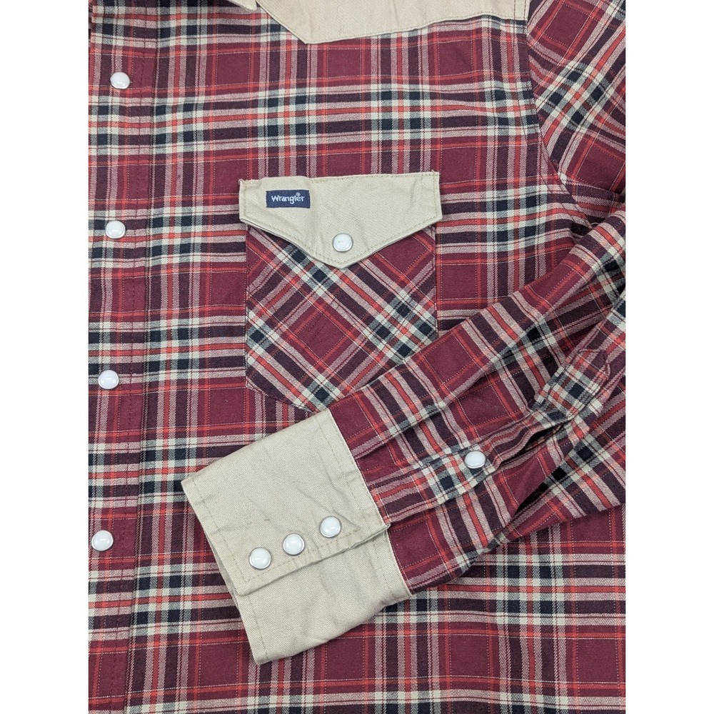 Vintage Wrangler Shirt Mens 2X Red Plaid Tan Brushpopper Pearl Snap Western - Picture 5 of 10